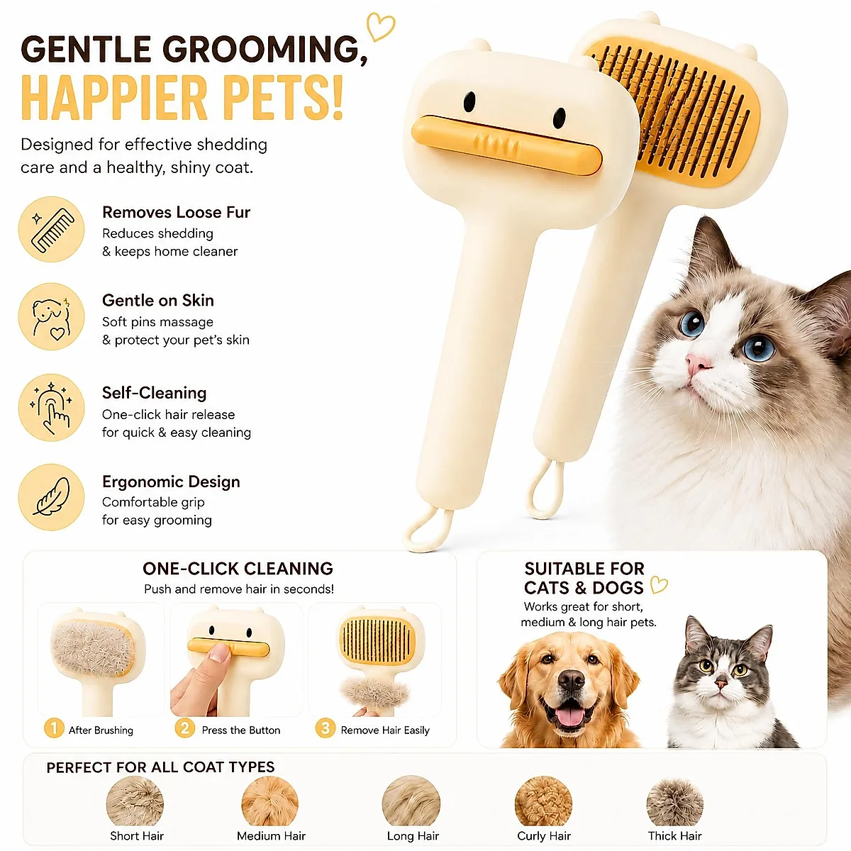 Cute Cartoon Bear Self-Cleaning Pet Brush Universal Deshedding - Image 4