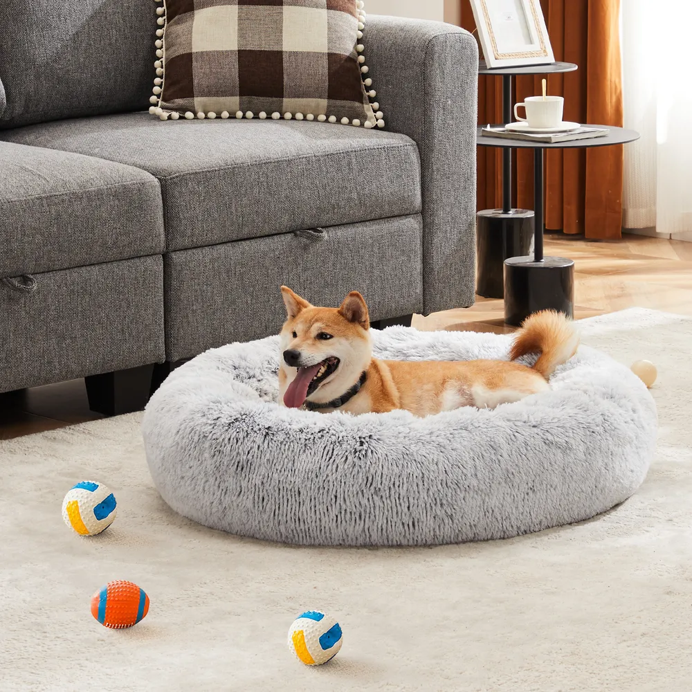 24 Inch Anti-Slip Round Fluffy Plush Faux Fur Cat Bed, Fits Up To 25 Lbs Pets