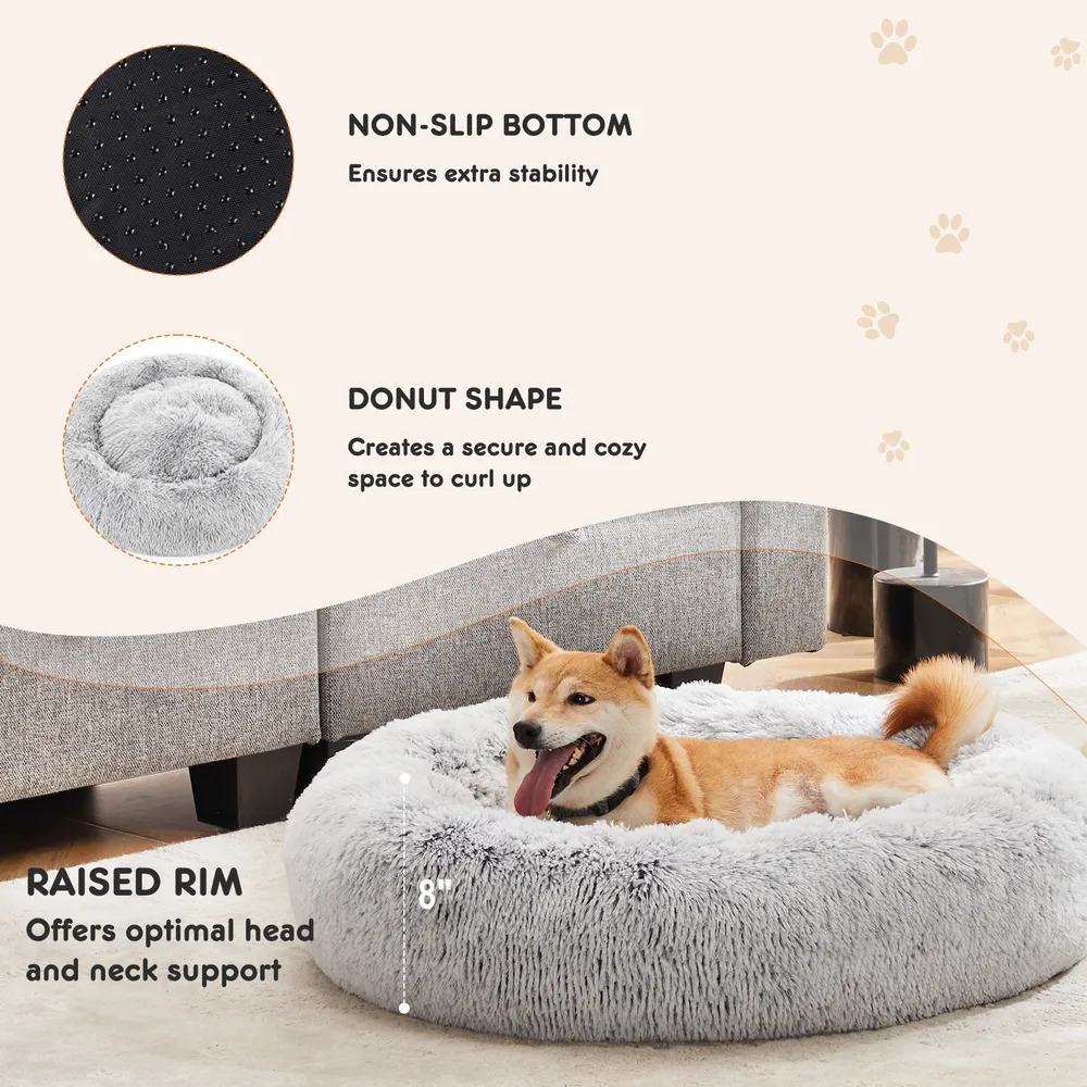 24 Inch Anti-Slip Round Fluffy Plush Faux Fur Cat Bed, Fits Up To 25 Lbs Pets