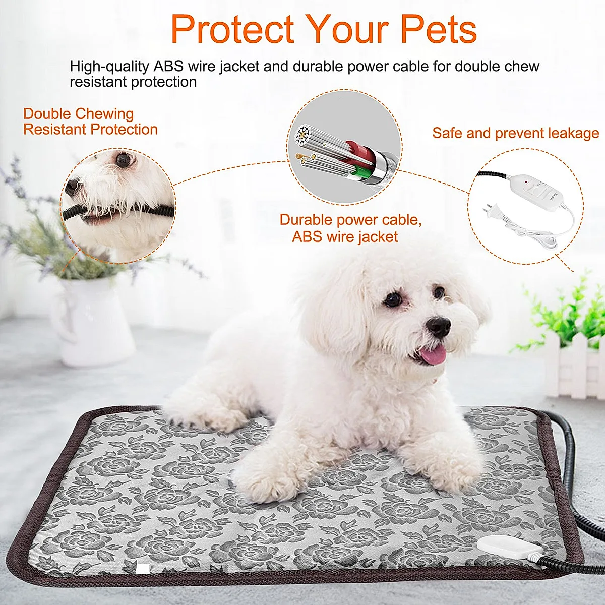 1Pc Pet Heating Pad Dog Cat Electric Heating Mat Waterproof Adjustable Warming Blanket With Chew Resistant Steel Cord Case - Image 5