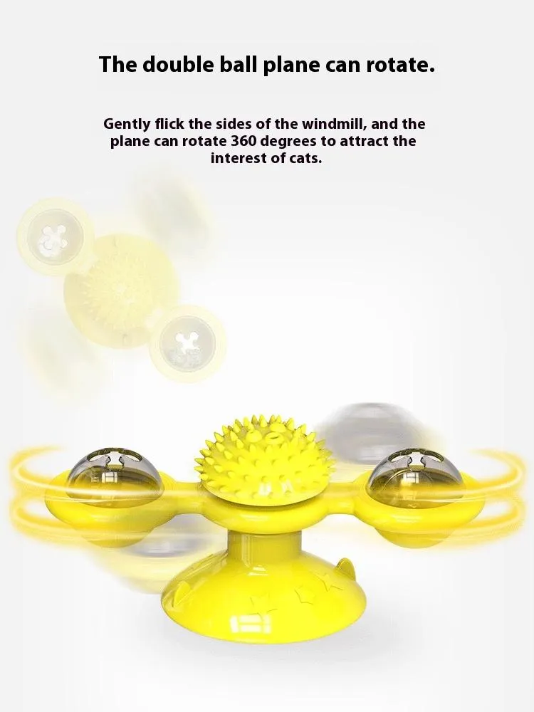 Interactive Windmill Cat Toy With LED Light Ball, Suction Cup, And Catnip Indoor