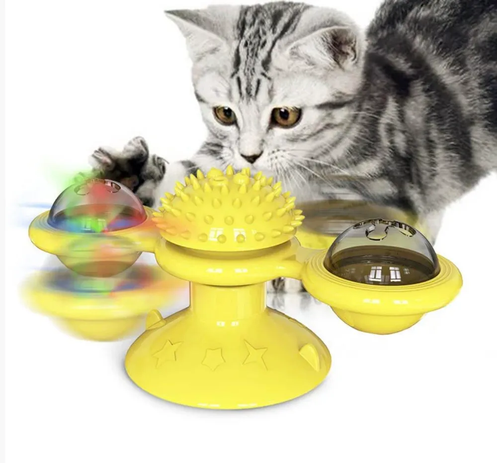 Interactive Windmill Cat Toy With LED Light Ball, Suction Cup, And Catnip Indoor