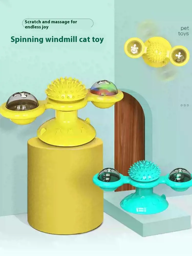 Interactive Windmill Cat Toy With LED Light Ball, Suction Cup, And Catnip Indoor