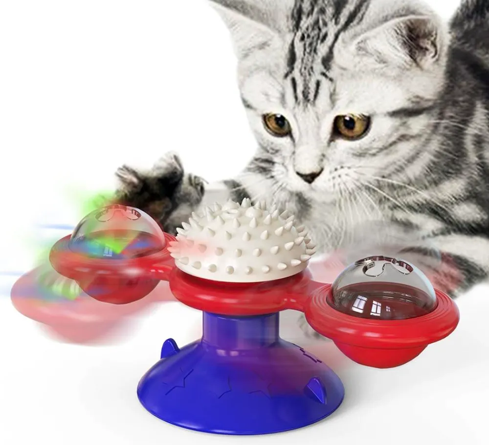 Interactive Windmill Cat Toy With LED Light Ball, Suction Cup, And Catnip Indoor