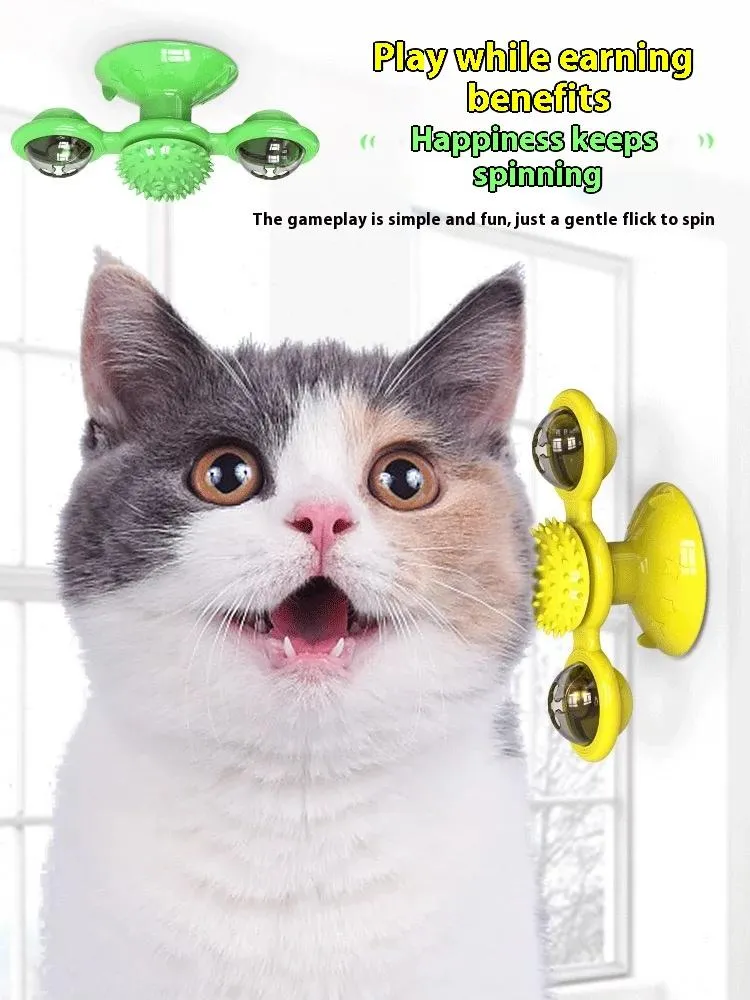 Interactive Windmill Cat Toy With LED Light Ball, Suction Cup, And Catnip Indoor