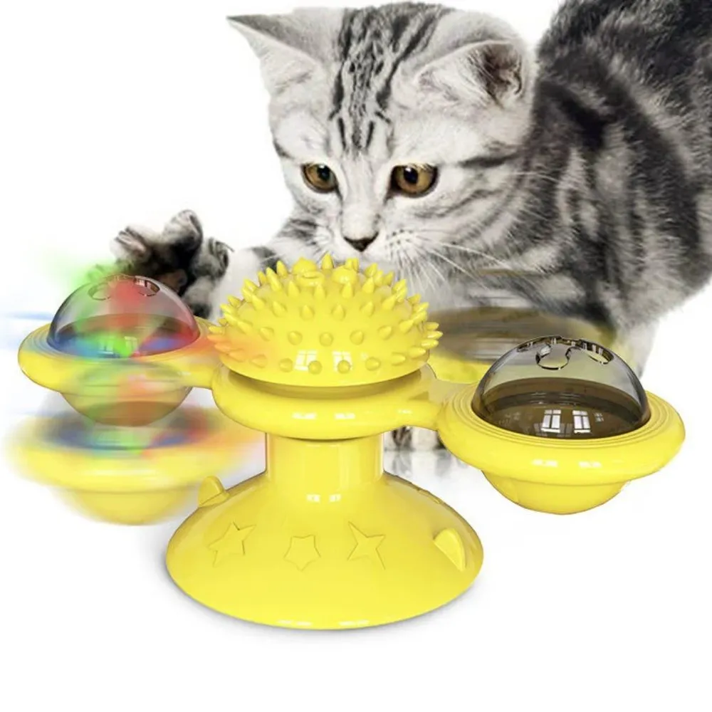 Interactive Windmill Cat Toy With LED Light Ball, Suction Cup, And Catnip Indoor