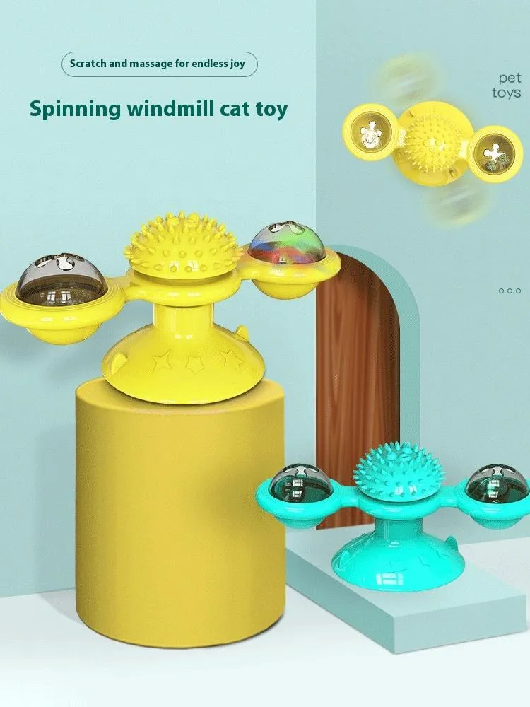 Interactive Windmill Cat Toy With LED Light Ball, Suction Cup, And Catnip Indoor
