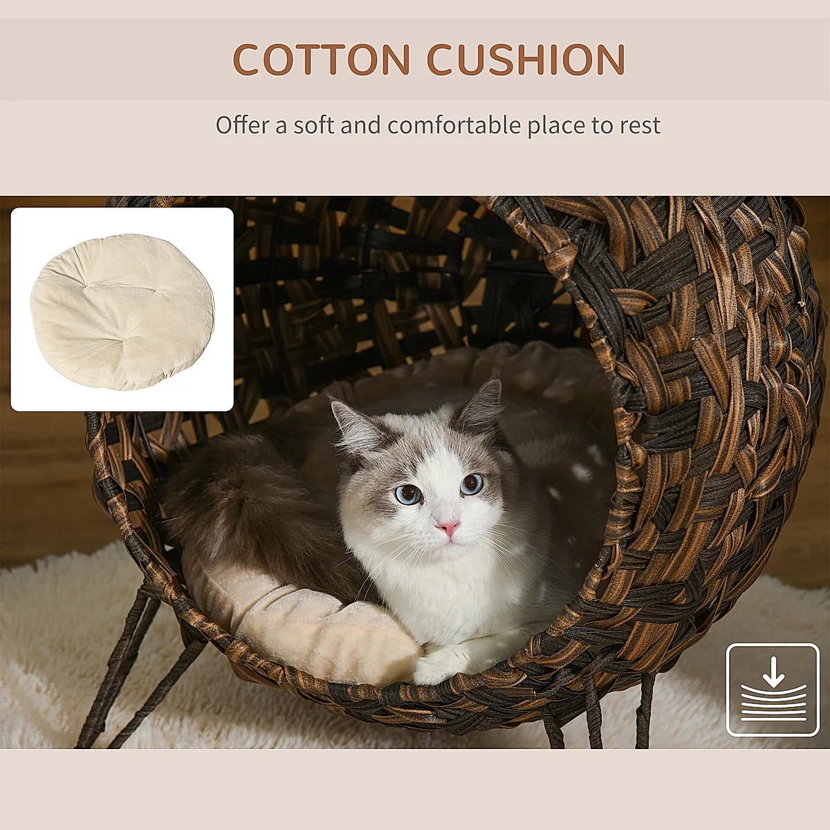 20.5" Weaved Cat Bed, Elevated Hand-woven Braided Banana Leaf Kitten House Condo with Cushion, Brown - Image 2