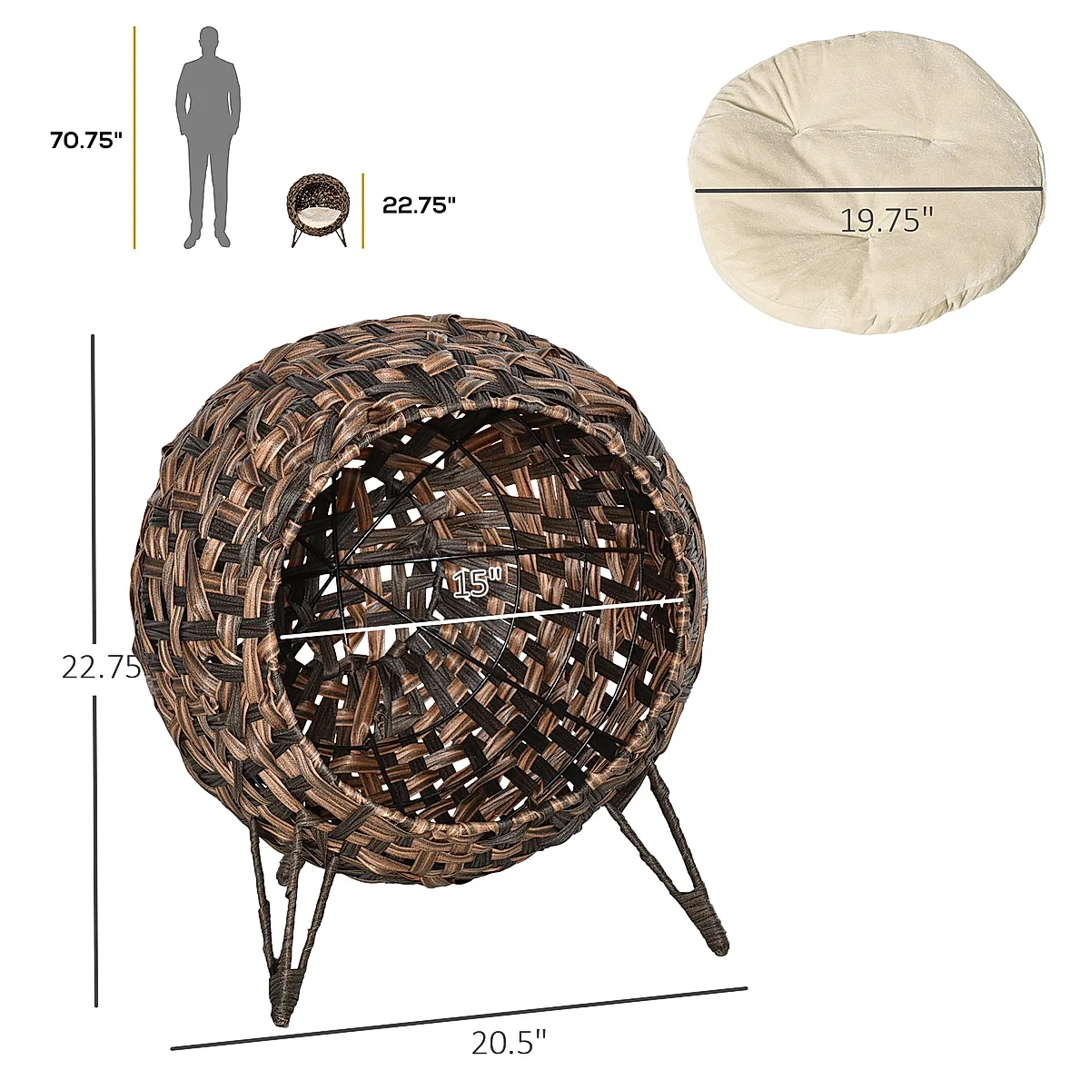 20.5" Weaved Cat Bed, Elevated Hand-woven Braided Banana Leaf Kitten House Condo with Cushion, Brown - Image 4