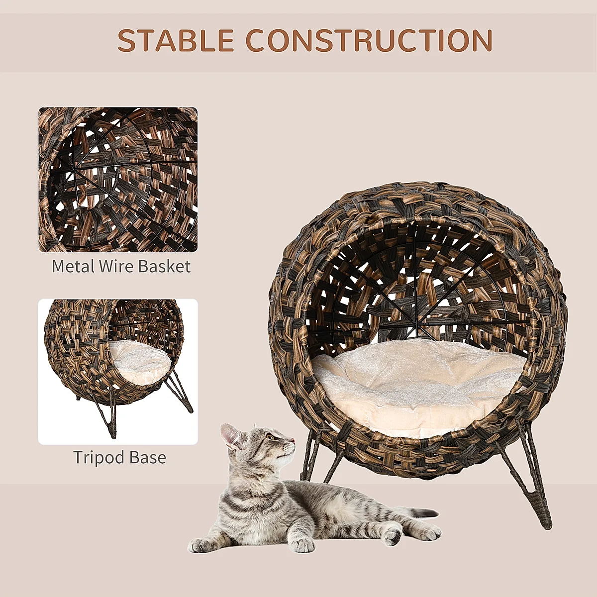 20.5" Weaved Cat Bed, Elevated Hand-woven Braided Banana Leaf Kitten House Condo with Cushion, Brown - Image 5