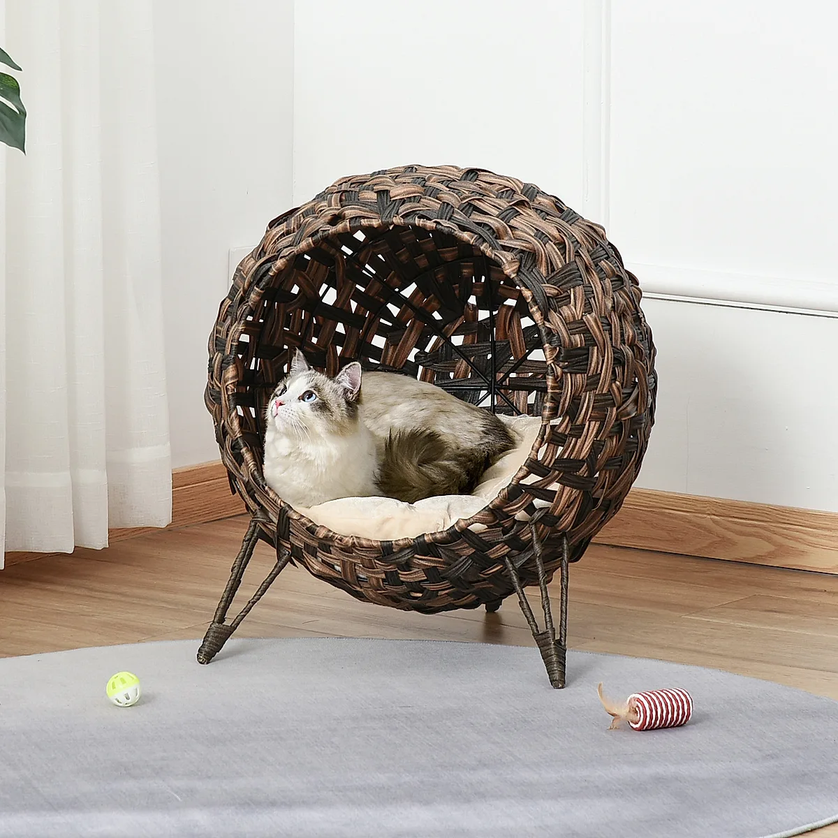 20.5" Weaved Cat Bed, Elevated Hand-woven Braided Banana Leaf Kitten House Condo with Cushion, Brown - Image 6