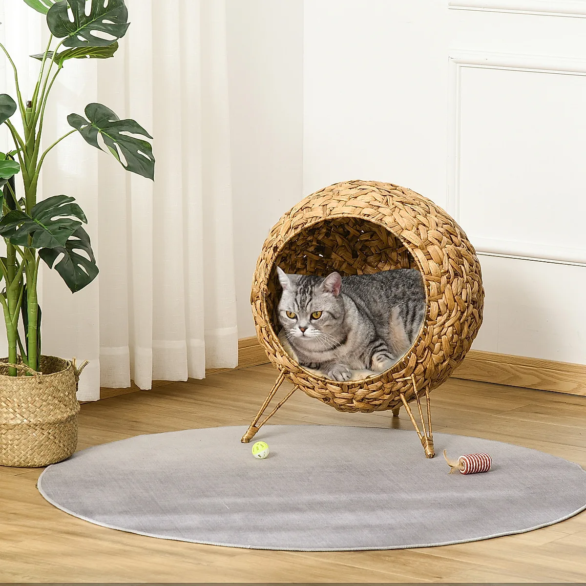20.5" Weaved Cat Bed, Elevated Hand-woven Braided Banana Leaf Kitten House Condo with Cushion, Natural - Image 2