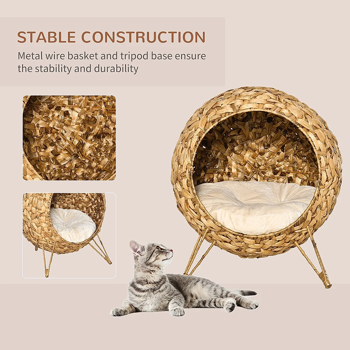 20.5" Weaved Cat Bed, Elevated Hand-woven Braided Banana Leaf Kitten House Condo with Cushion, Natural - Image 3