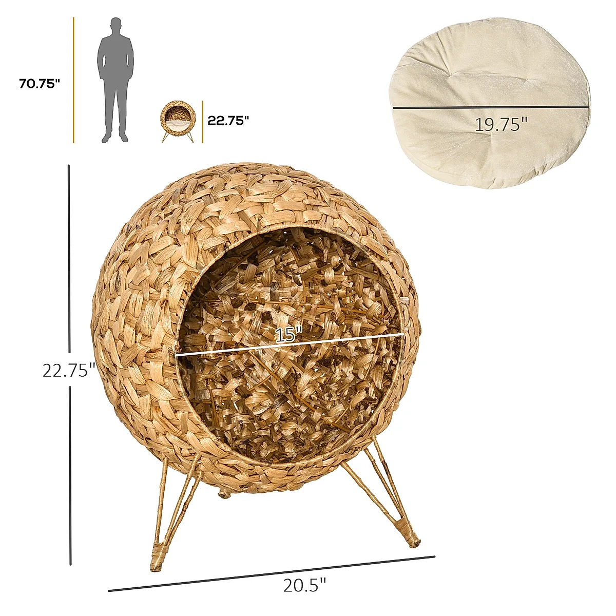 20.5" Weaved Cat Bed, Elevated Hand-woven Braided Banana Leaf Kitten House Condo with Cushion, Natural - Image 5