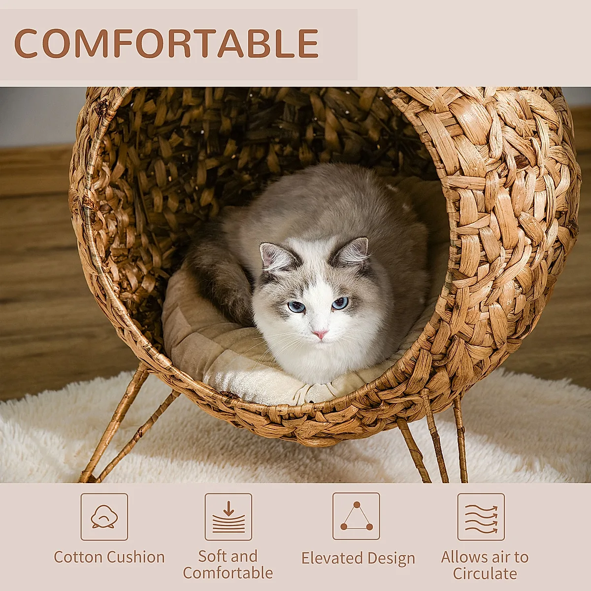 20.5" Weaved Cat Bed, Elevated Hand-woven Braided Banana Leaf Kitten House Condo with Cushion, Natural - Image 6