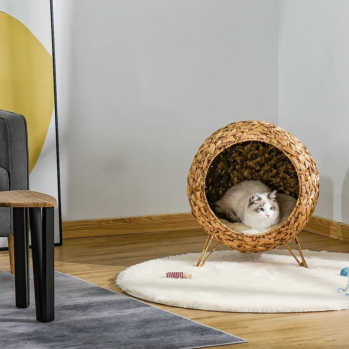 20.5" Weaved Cat Bed, Elevated Hand-woven Braided Banana Leaf Kitten House Condo with Cushion, Natural - Image 7
