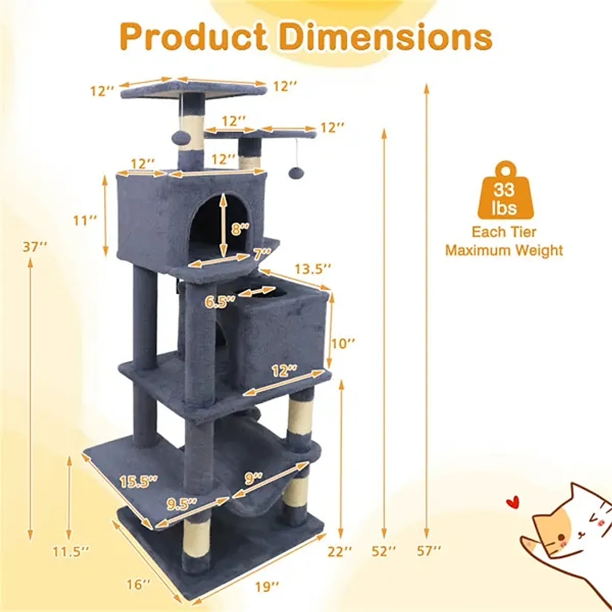 57" Multi-Level Cat Tree For Multi-Cat Households, 2 Condos & Hammock With Sisal Scratching Posts-Gray - Image 2