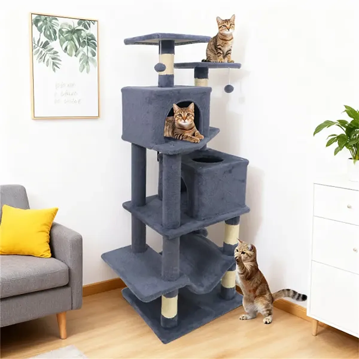 57" Multi-Level Cat Tree For Multi-Cat Households, 2 Condos & Hammock With Sisal Scratching Posts-Gray - Image 3