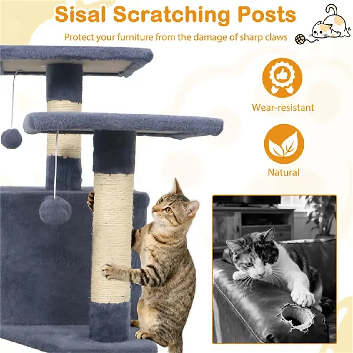 57" Multi-Level Cat Tree For Multi-Cat Households, 2 Condos & Hammock With Sisal Scratching Posts-Gray - Image 4