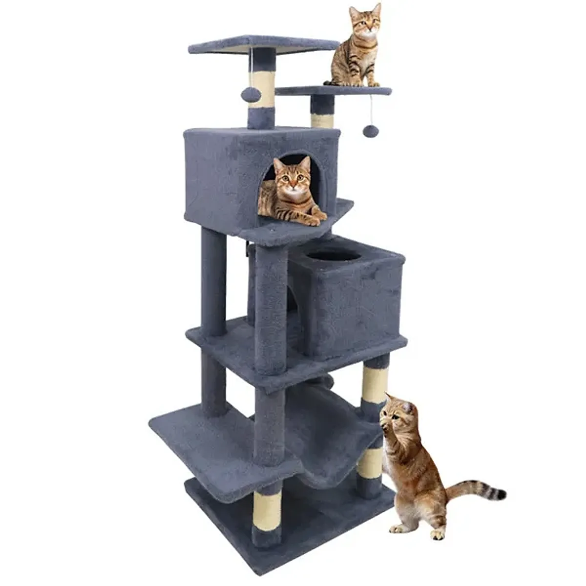 57" Multi-Level Cat Tree For Multi-Cat Households, 2 Condos & Hammock With Sisal Scratching Posts-Gray - Image 5