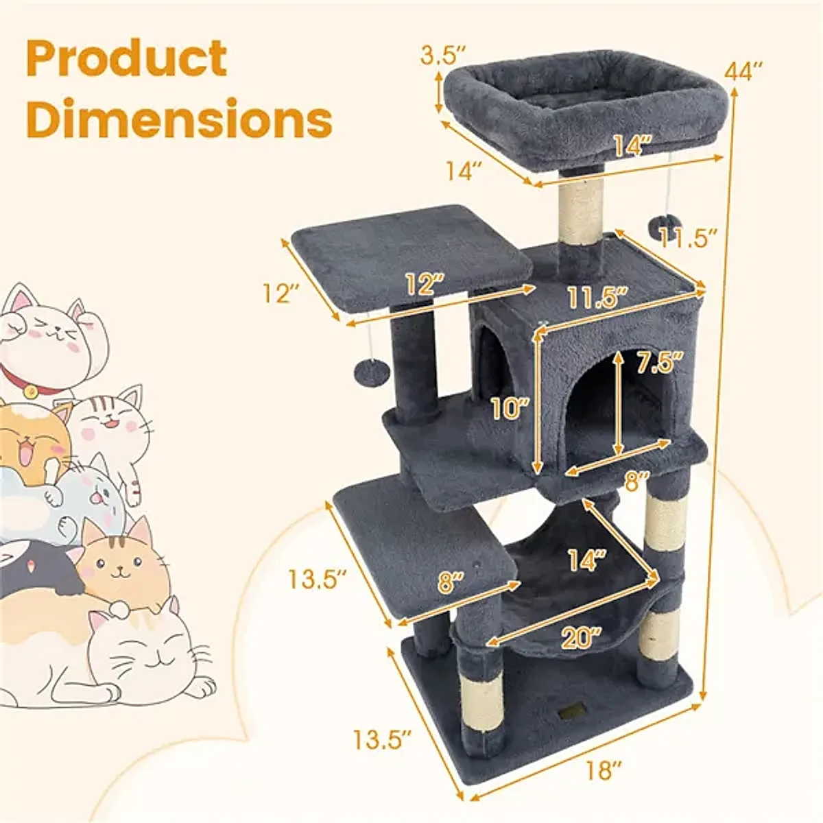 44" Multi-Level Cat Tree With Spacious Top Perch, 2-Door Condo & Hammock For Indoor Cats -Gray - Image 2