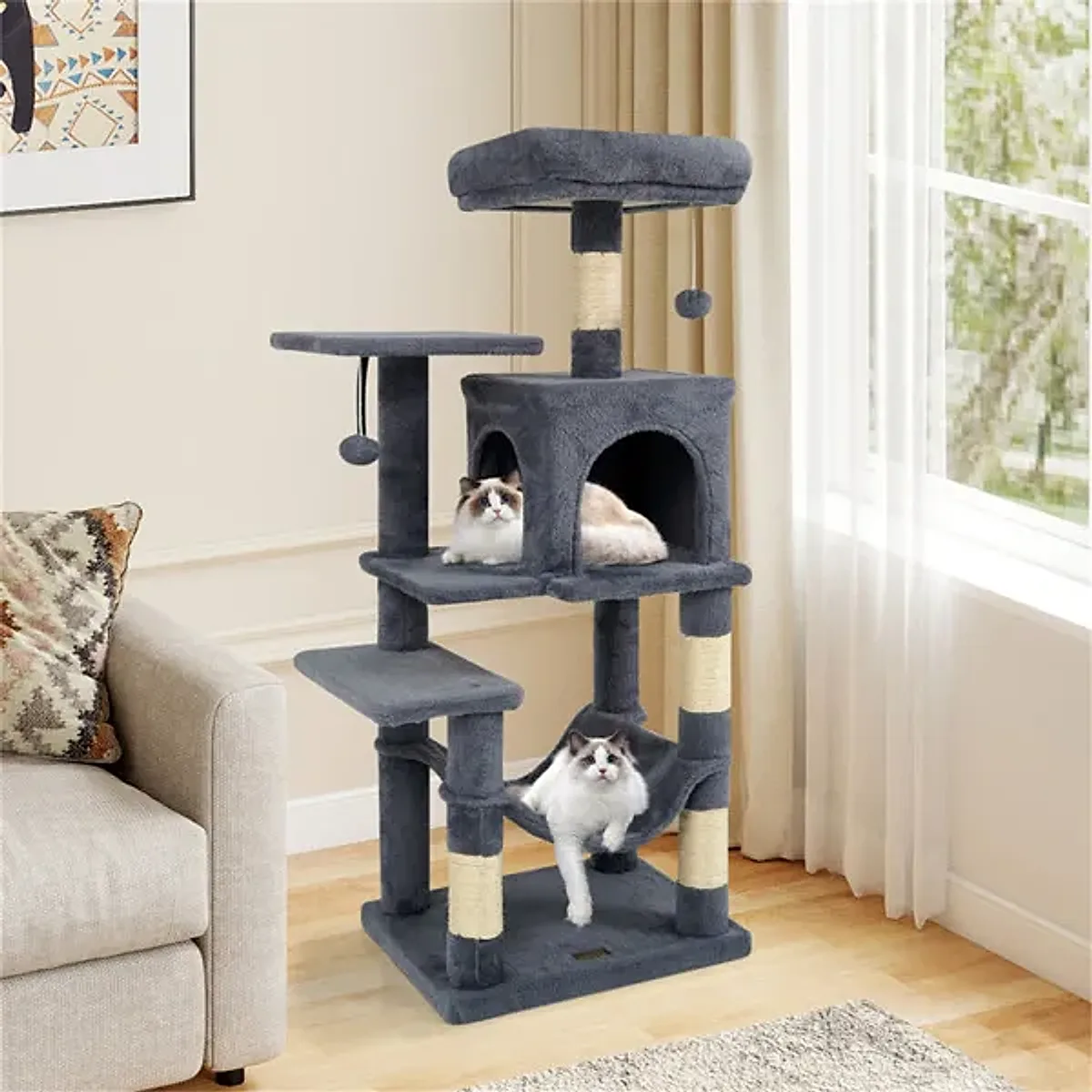44" Multi-Level Cat Tree With Spacious Top Perch, 2-Door Condo & Hammock For Indoor Cats -Gray - Image 3