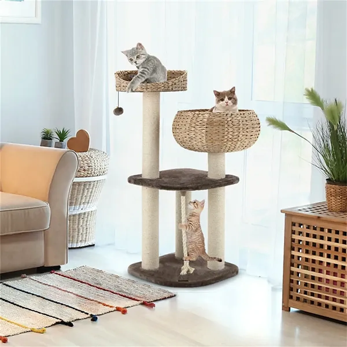 41 Inch Hand-Woven Water Hyacinth Cat Tree, 3 Sisal Scratching Posts Multi-Level Activity Center For Cats-Brown - Image 1