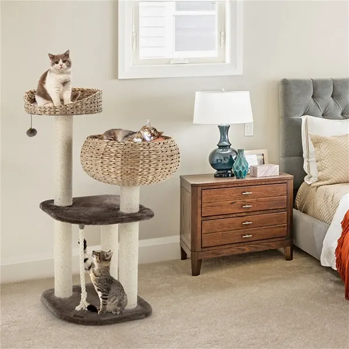 41 Inch Hand-Woven Water Hyacinth Cat Tree, 3 Sisal Scratching Posts Multi-Level Activity Center For Cats-Brown - Image 2