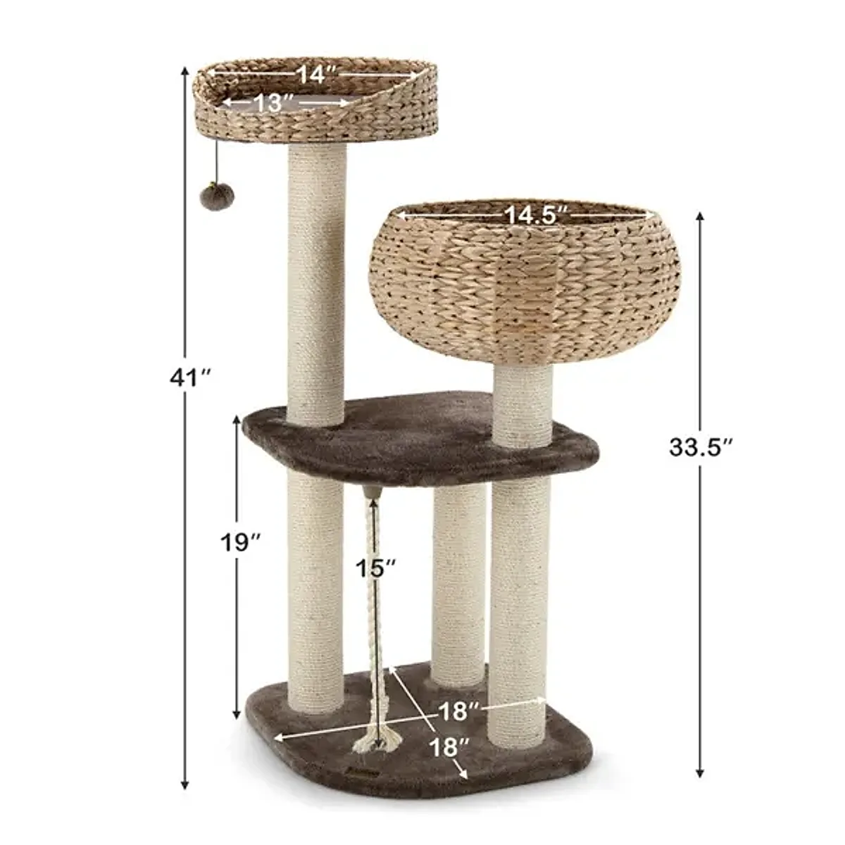 41 Inch Hand-Woven Water Hyacinth Cat Tree, 3 Sisal Scratching Posts Multi-Level Activity Center For Cats-Brown - Image 3