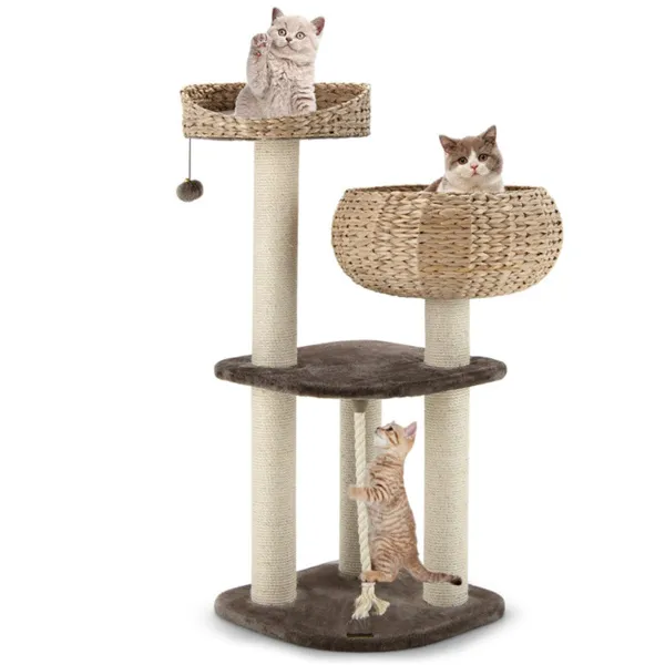 41 Inch Hand-Woven Water Hyacinth Cat Tree, 3 Sisal Scratching Posts Multi-Level