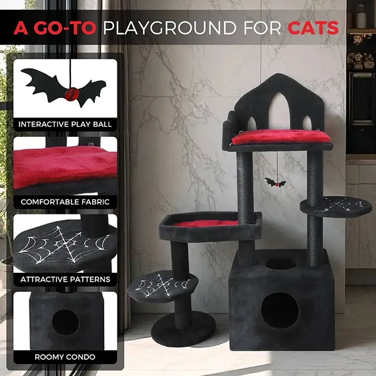 Black Gothic Cat Tree, Multi-Level Spooky Cat Tree With Scratching Posts, Perches, Hammock, And Cat Cave - Black Cat Tower For Indoor Cats With Interactive Toy, Perfect For Multiple Cats 44.5in - Image 2