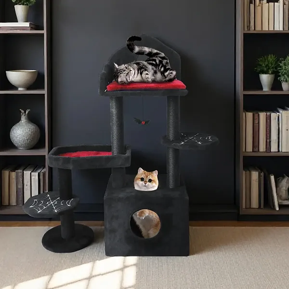 Black Gothic Cat Tree, Multi-Level Spooky Cat Tree With Scratching Posts, Perches, Hammock, And Cat Cave - Black Cat Tower For Indoor Cats With Interactive Toy, Perfect For Multiple Cats 44.5in - Image 3