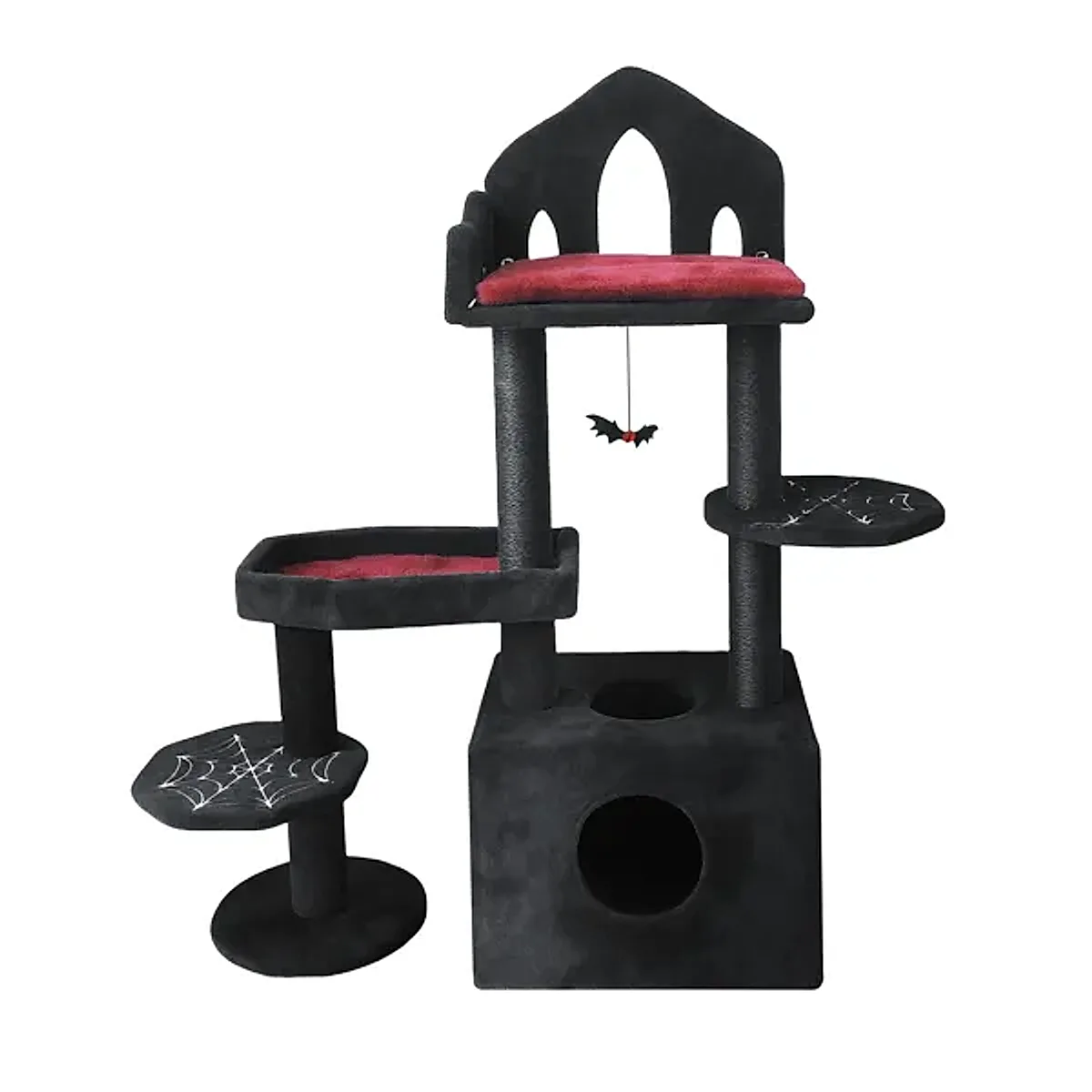 Black Gothic Cat Tree, Multi-Level Spooky Cat Tree With Scratching Posts, Perches, Hammock, And Cat Cave - Black Cat Tower For Indoor Cats With Interactive Toy, Perfect For Multiple Cats 44.5in - Image 5