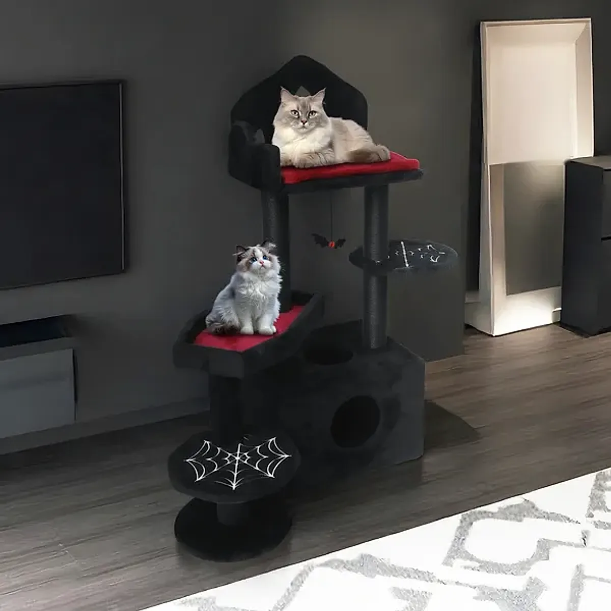 Black Gothic Cat Tree, Multi-Level Spooky Cat Tree With Scratching Posts, Perches, Hammock, And Cat Cave - Black Cat Tower For Indoor Cats With Interactive Toy, Perfect For Multiple Cats 44.5in - Image 6