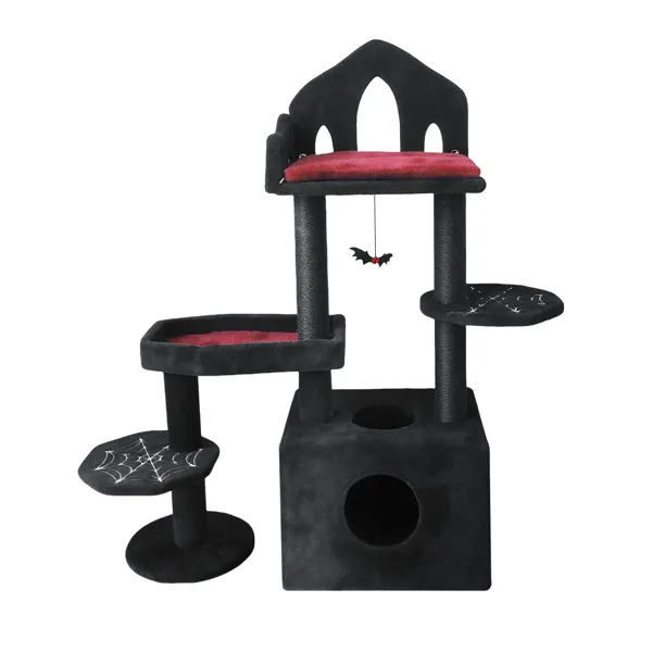 Black Gothic Cat Tree, Multi-Level Spooky Cat Tree With Scratching Posts, Perche