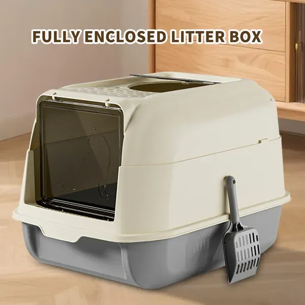 Extra Large Dual-Entry Cat Litter Box, Convertible Open&Enclosed, Gray, Odor Con