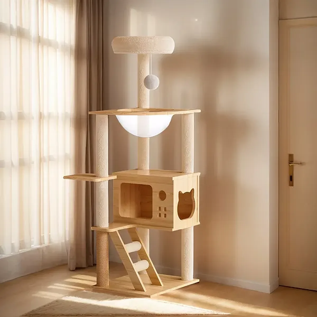 48.8' Modern Cat Tower, Wood Cat Tree Tower For Indoor Cats, Cat Treewith Sisal-Covered Scratching Posts And Top Perch, Cat Condo With Acrylic Hammock For Small Large Cats -Does Not Support Self Pick - Image 1