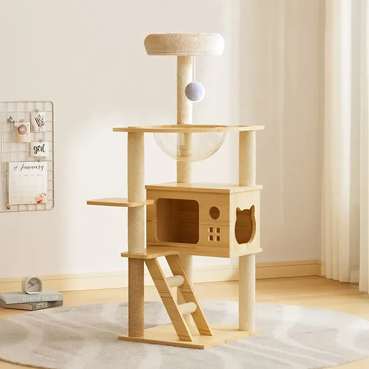 48.8' Modern Cat Tower, Wood Cat Tree Tower For Indoor Cats, Cat Treewith Sisal-Covered Scratching Posts And Top Perch, Cat Condo With Acrylic Hammock For Small Large Cats -Does Not Support Self Pick - Image 3