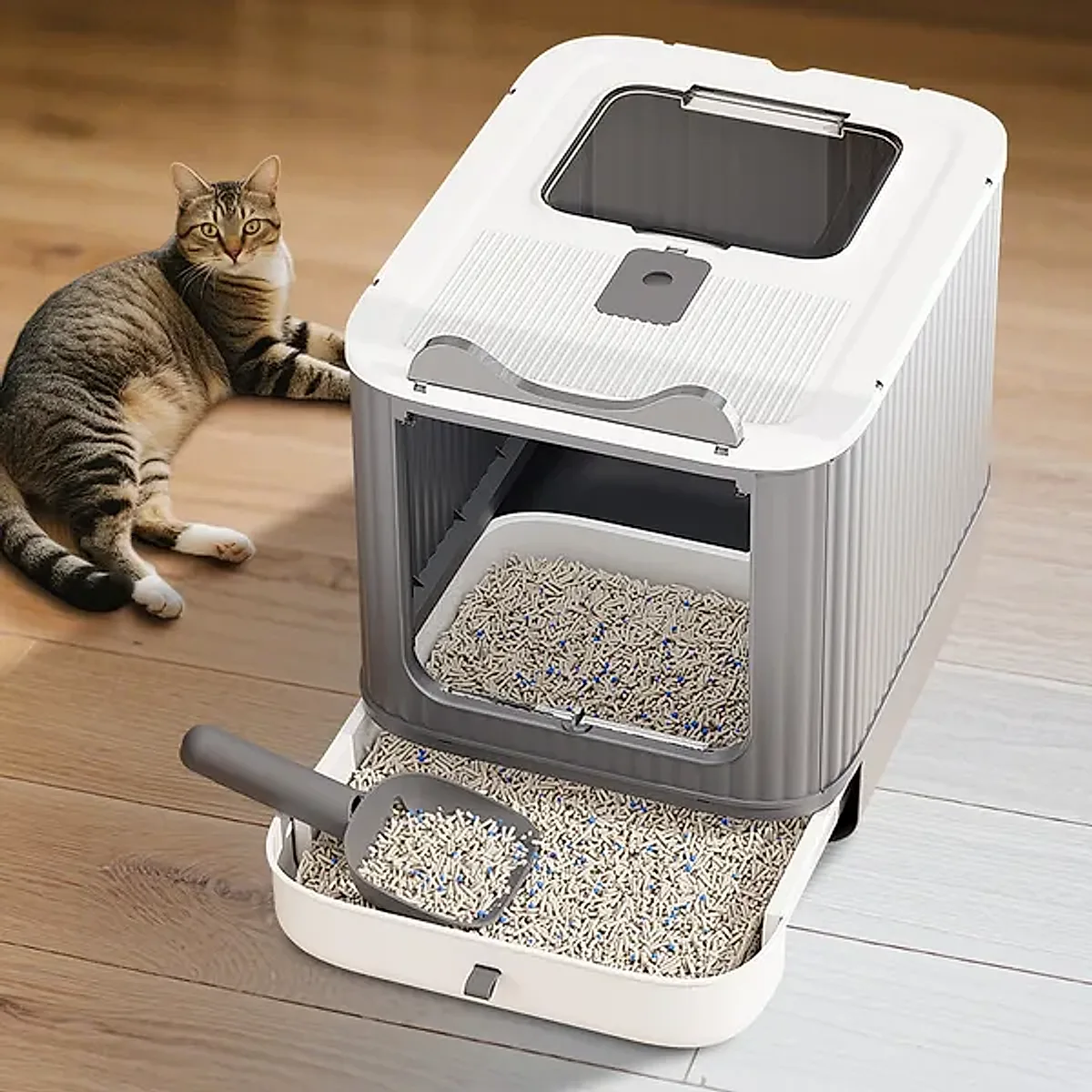 Elevated Leak Proof Elf White-Gray Cat Litter Box, Made Of Sturdy And Durable Materials, Also Suitable For Multi Cat Households - Image 5