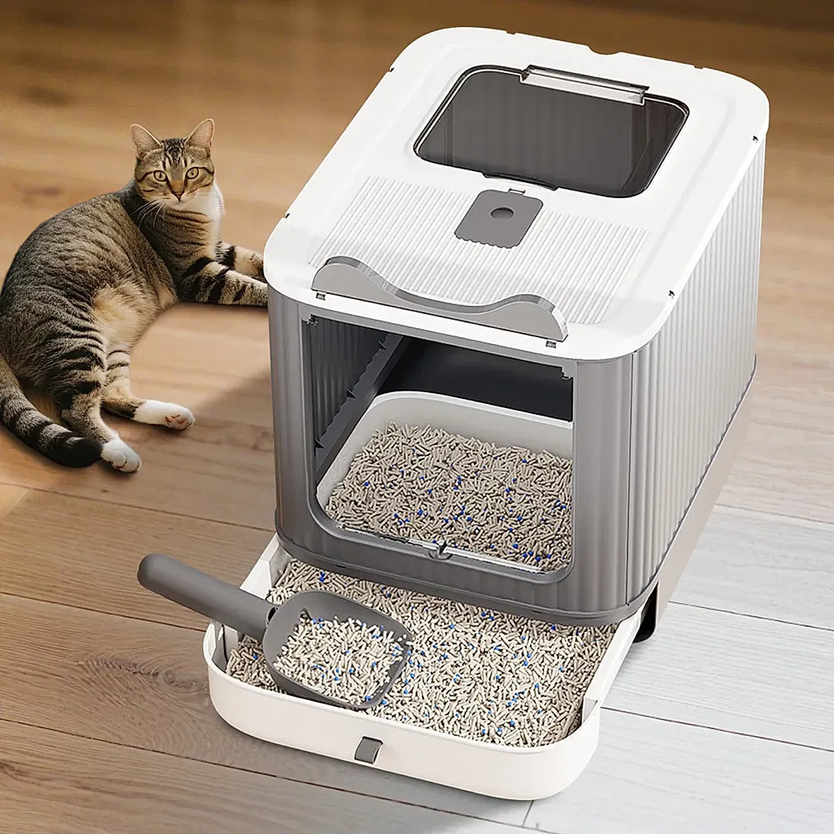 Elevated Leak Proof Elf White-Gray Cat Litter Box, Made Of Sturdy And Durable Materials, Also Suitable For Multi Cat Households