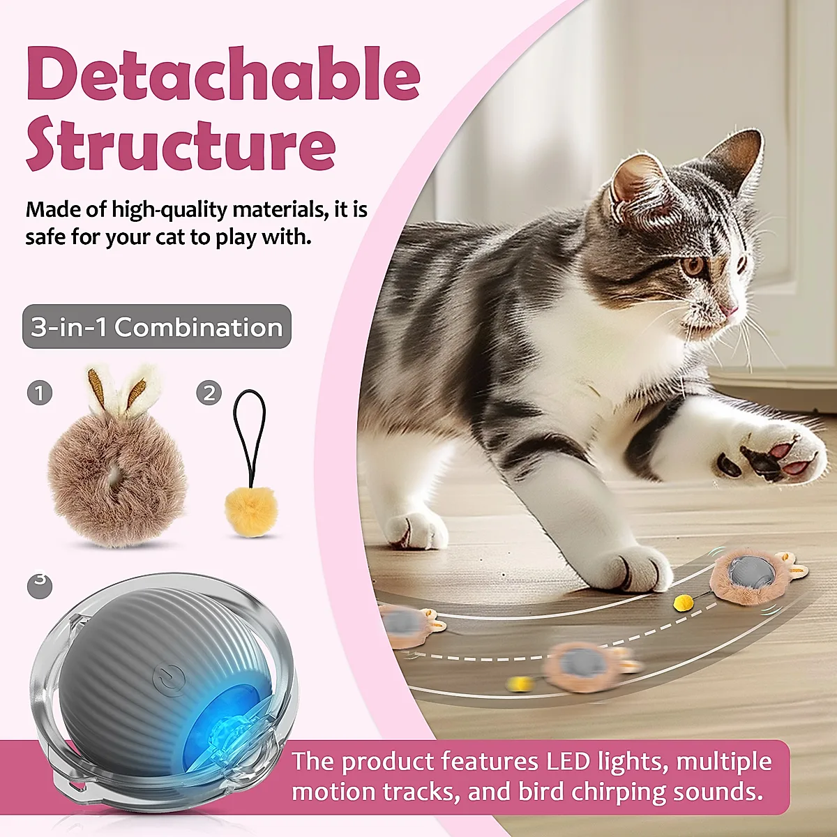 Interactive Toys Ball For Cats, Dog,Agile Moving Cat Ball,Motion Activated Automatic Moving Ball With Lights,with Fluffy Tail And Bunny Ears For Indoor Pets - Image 3