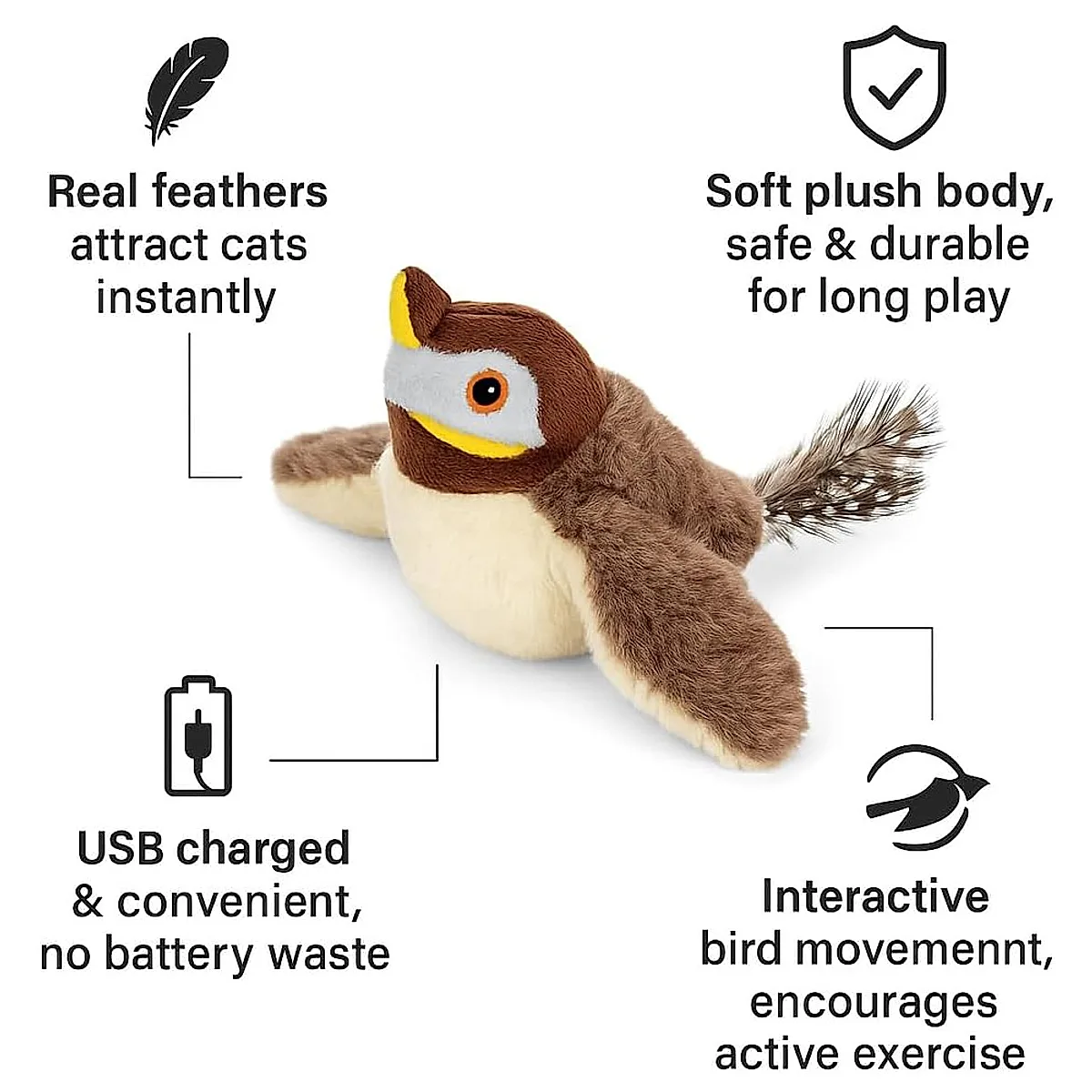 USB Rechargeable Flapping Bird Cat Toy, Realistic Chirping White Faced Sparrow Plush Toy, Motion Activated Electronic Interactive Pet Toy For Indoor Cats Exercise - Image 5