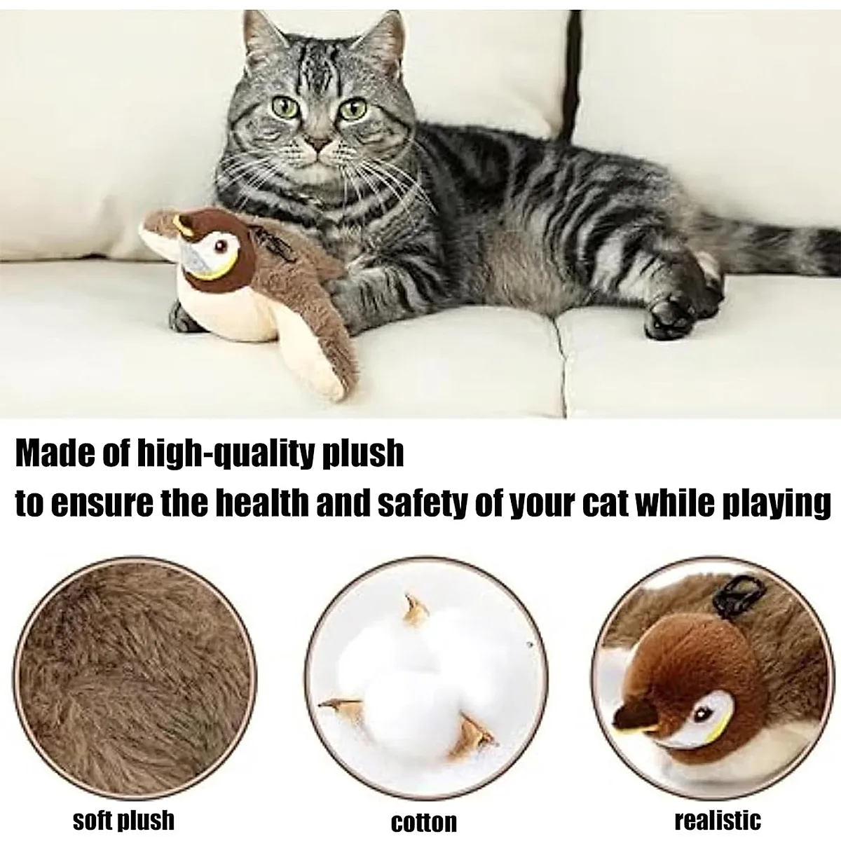 USB Rechargeable Flapping Bird Cat Toy, Realistic Chirping White Faced Sparrow Plush Toy, Motion Activated Electronic Interactive Pet Toy For Indoor Cats Exercise - Image 7