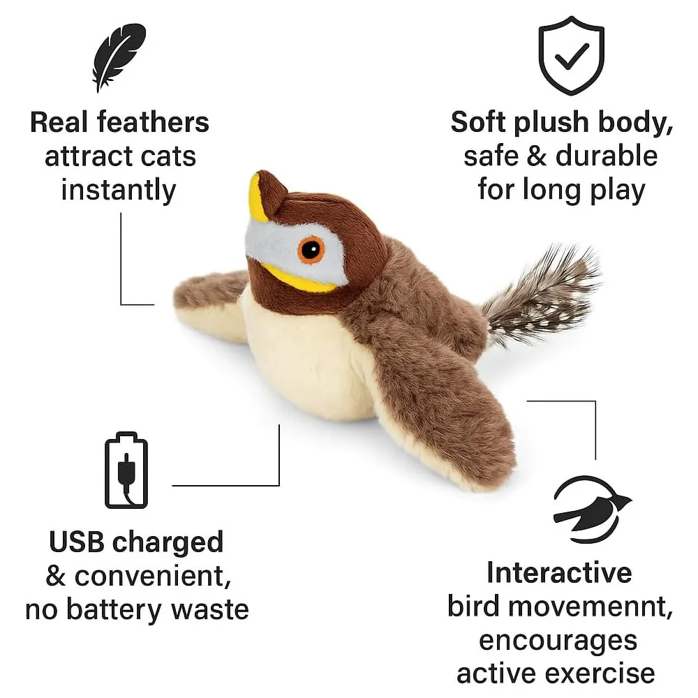 USB Rechargeable Flapping Bird Cat Toy, Realistic Chirping White Faced Sparrow P