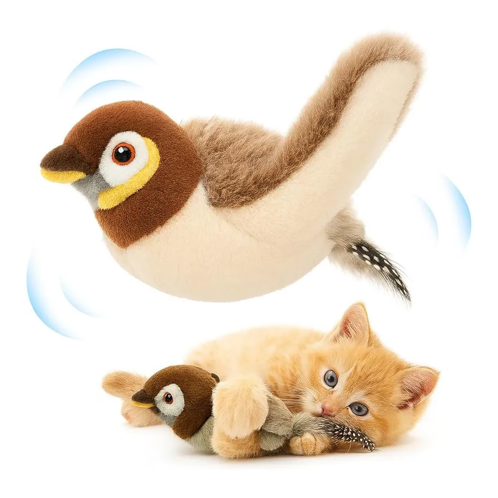 USB Rechargeable Flapping Bird Cat Toy, Realistic Chirping White Faced Sparrow P