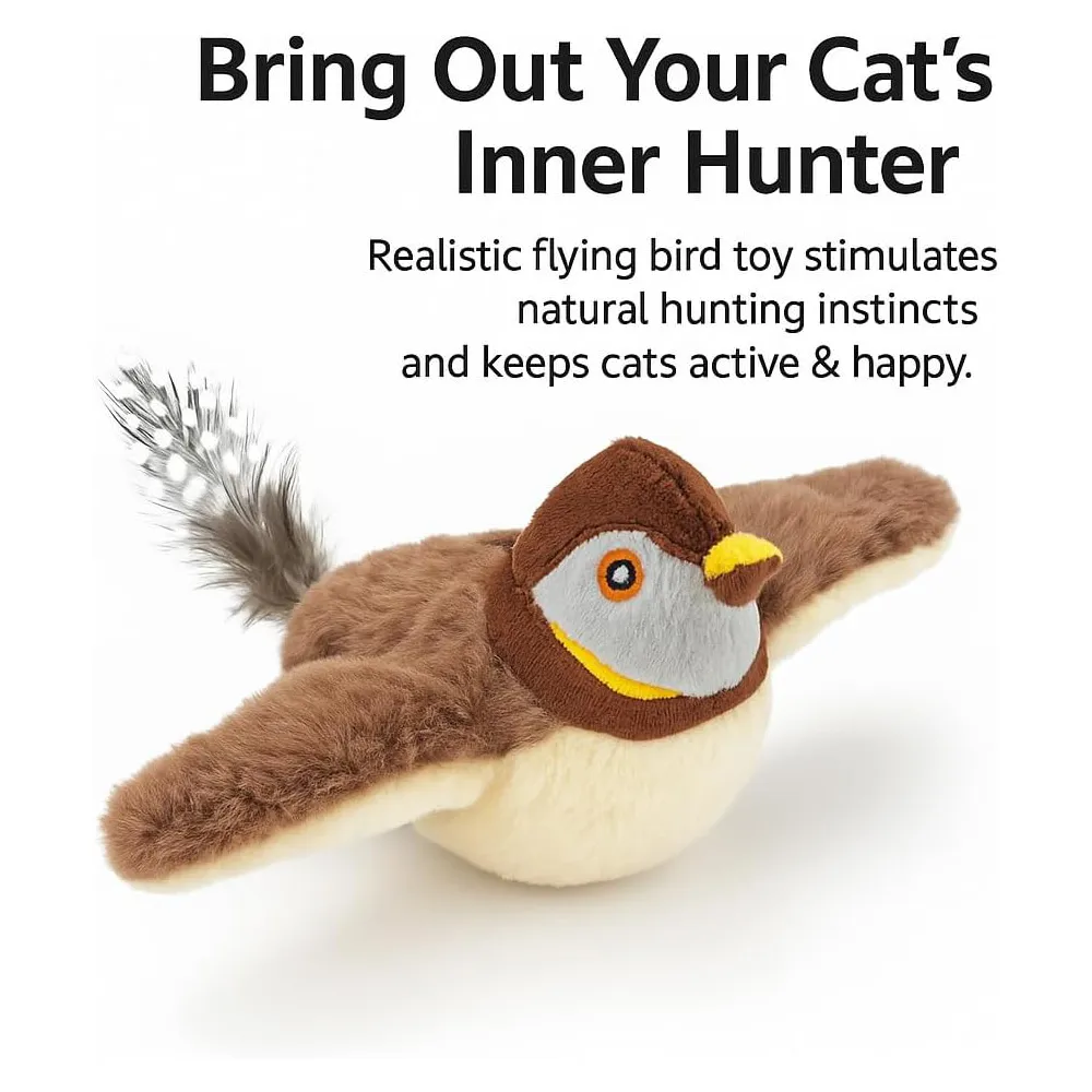 USB Rechargeable Flapping Bird Cat Toy, Realistic Chirping White Faced Sparrow P