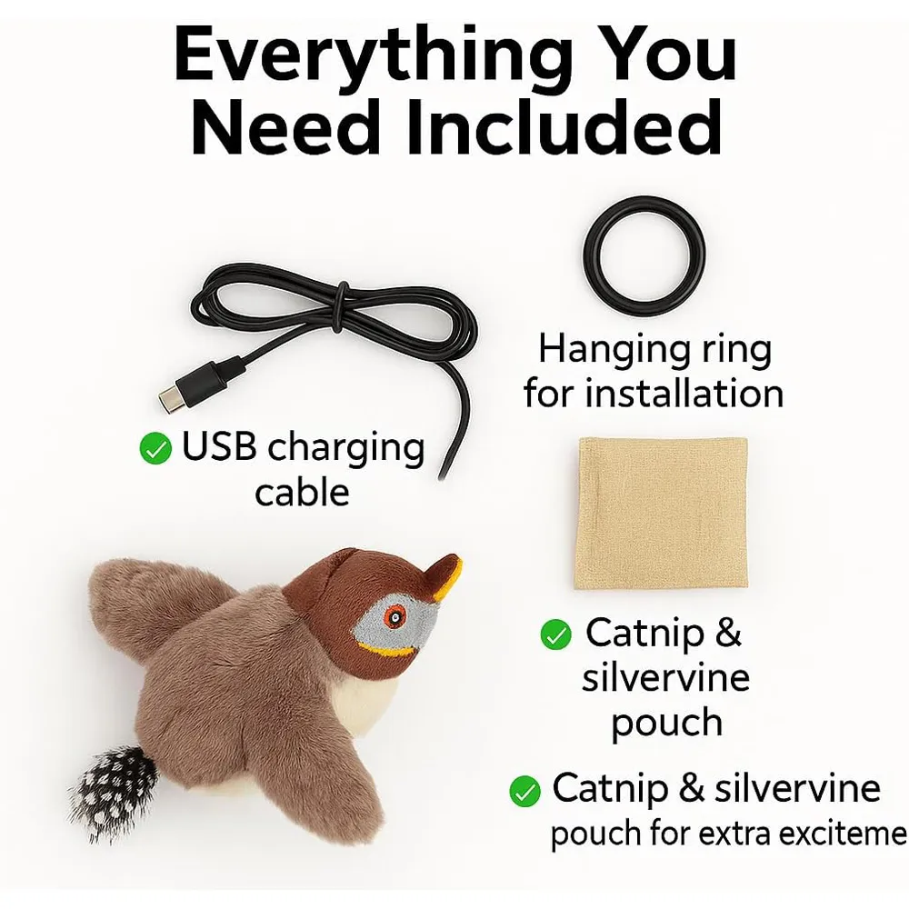 USB Rechargeable Flapping Bird Cat Toy, Realistic Chirping White Faced Sparrow P