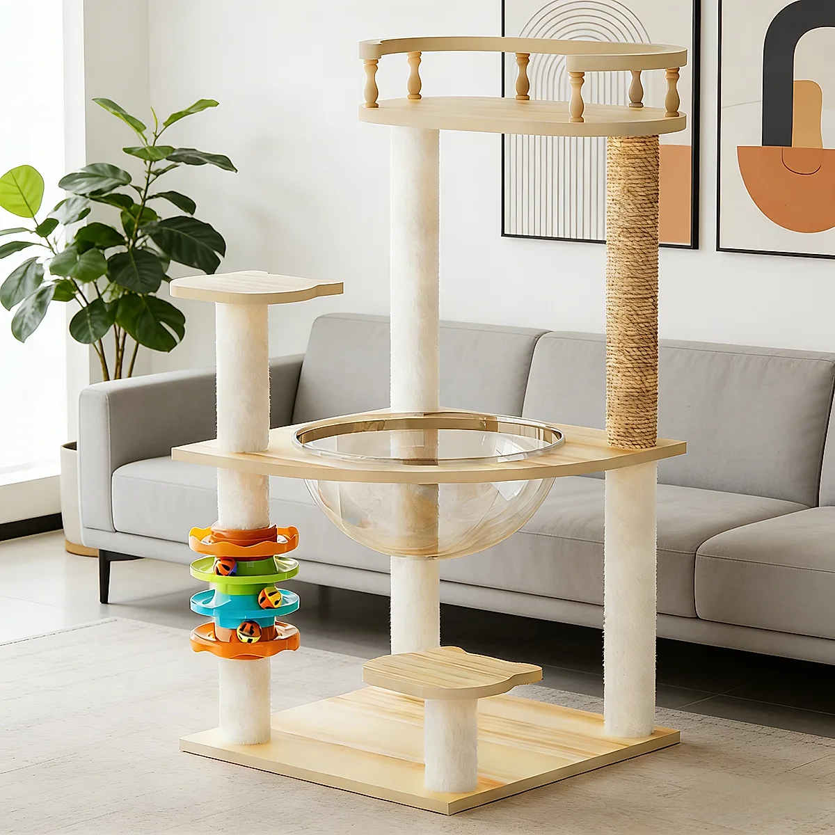 32" Modern Wooden Cat Tower with Scratching Posts - Image 1