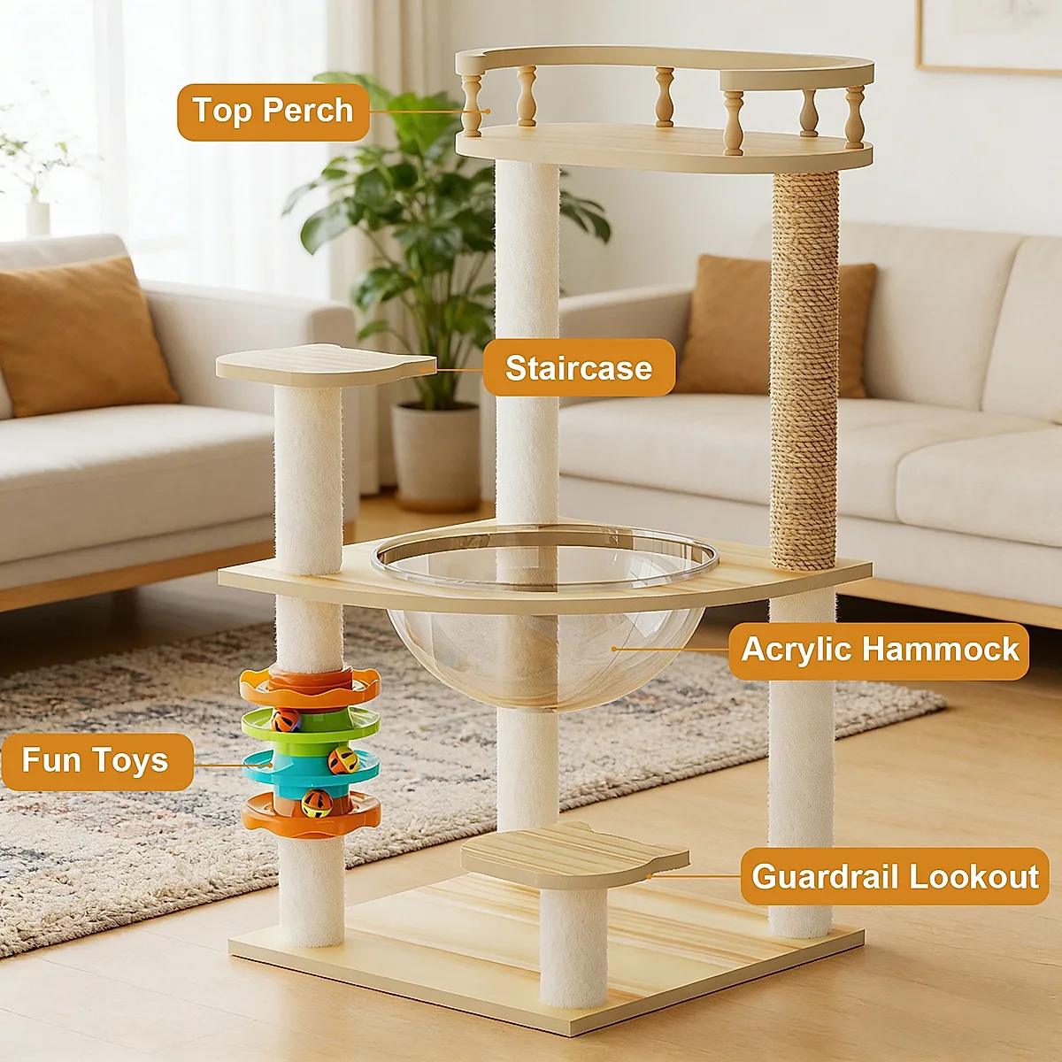 32" Modern Wooden Cat Tower with Scratching Posts - Image 6