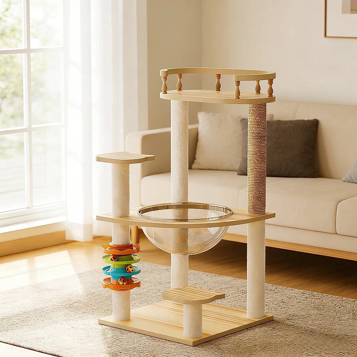 32" Modern Wooden Cat Tower with Scratching Posts - Image 7